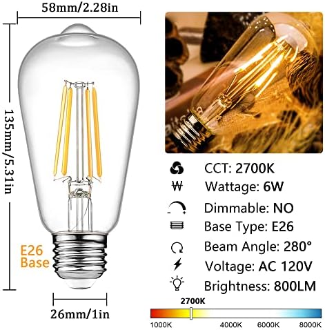 VICTOGATE Edison LED Izzók, 6W, Egyenértékű 60W, Nem Szabályozható, Nagy Fényerő, Meleg Fehér, 2700K, ST58， 80+ CRI, E26